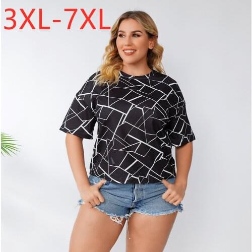 New 2021 Ladies Summer Plus Size Tops For Women Large Short Sleeve Loose Black Stripe Print O-neck T-Shirt 3XL 4XL 5XL 6XL 7XL
