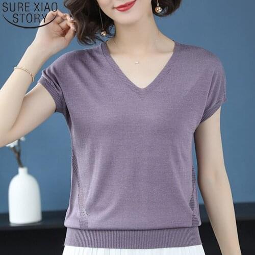 Summer Ice Silk Tshirt Korean Women Shirts 2021 Short Sleeve Solid O-Neck Women Loose Knit Tops Office Lady Shirt Blusas 13778