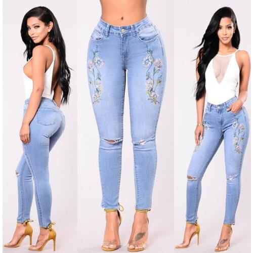 2018 Women Autumn Jeans New Flower Embroidery High Waist Jeans Trousers Female Ripped Pencil Jeans Plus Size S-3XL