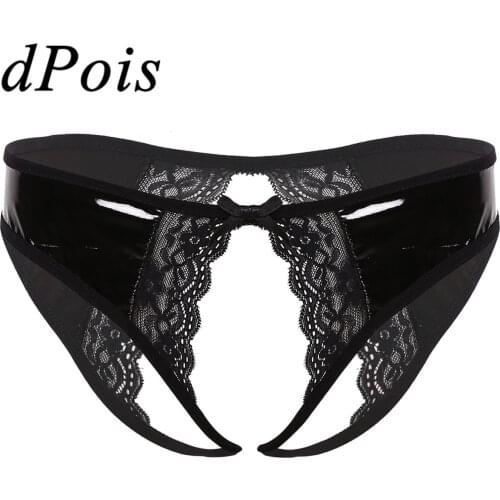 Womens Wet Look Patent Leather Lingerie Sexy Female Low Rise Crotchless Panties with Lace Edge Cheeky Hipster Briefs Underwear