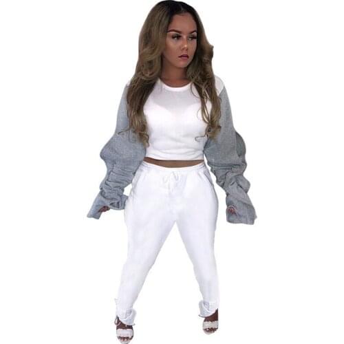 Women Winter 2pcs Velvet Puff Sleeve Sweatshirt Harem Pants Tracksuit Cropped Hoodies White Sweatpants Conjunto Sudadera Mujer