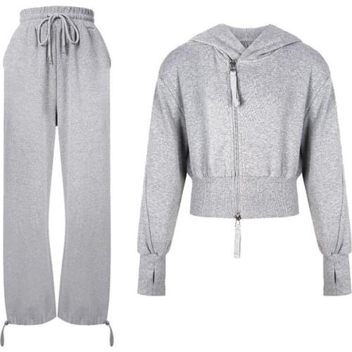 Women Two Pieces Set Casual Tracksuit Gray Sweater Hooded Zipper Sweatshirts Suit Autumn Winter Ladies Sweatpants Outfits