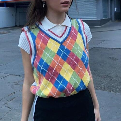 Women Preppy Style Knitted Sleeveless Vest Rainbow Colorful Rhombus Plaid Sweater V-Neck Loose Pullover Jumper Tank Tops