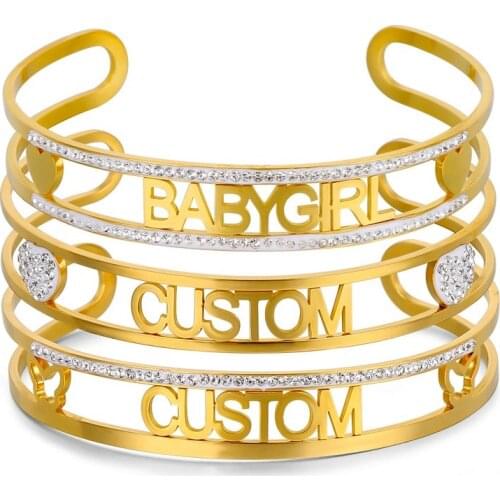 Custom Name Bracelet Gold Personalized Bracelets Zircon Cuff Bangles for Women Stainless Steel Jewelry Nameplated Gifts
