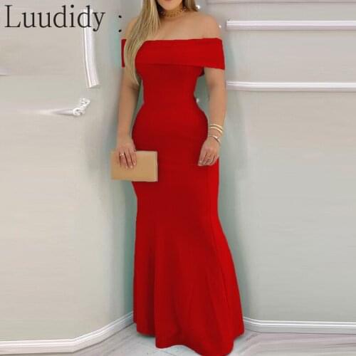 Women Elegant Fashion Off Shoulder Ruffle Hem Maxi Dress Sexy Party Dress