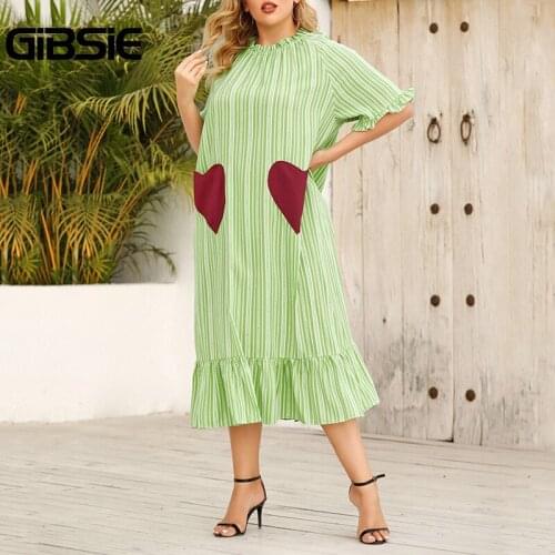 GIBSIE Frill Neck Striped Ruffle Dress Sweet Casual Summer Short Sleeve Pocket Dresses Plus Size Women Long Dress Without Belt