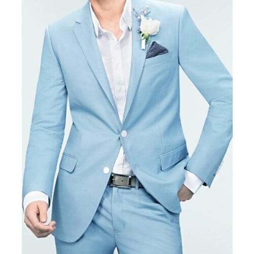 2021 Tailor Made Fashion Two Button Sky Blue Lapel Loose Style Men Suits Slim Fit For Wedding Dinner Party Sets (Jacket+Pants)