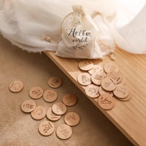 26Pcs Wooden Letter Letters Blocks Double Sided Alphabet Round Shape Shape English Animals Cognitive Card Baby Photography Props