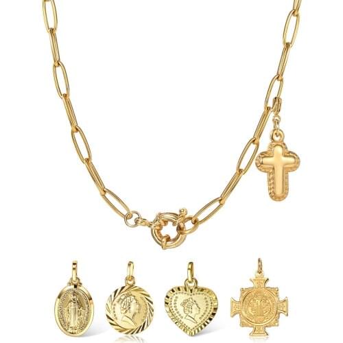 4mm Gold Color Pendants Necklace for Women Girls Double Cross Jesus Elizabeth Virgin Mary Charms Jewelry Gifts 20inch DDN237