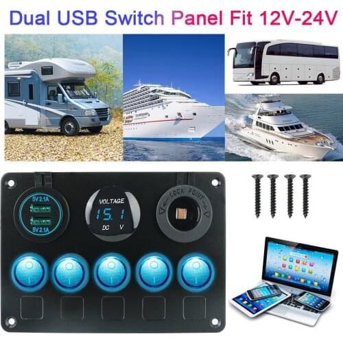 5 Gang LED Toggle Rocker Car Switch Panel Dual USB Port Digital Voltmeter 12V Outlet For Marine Car Truck Ship