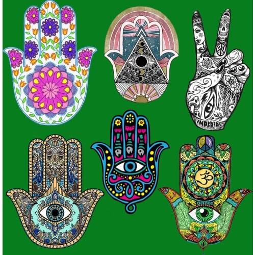 Colorful Hand Of Fatima Mandala Flower Patches Washable Women T-shirt Sticker Iron on Clothes Decoration Accessory Applique