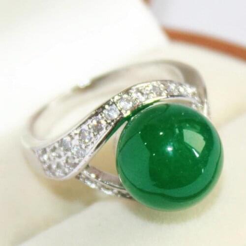 Elegant ladys silver plated with crystal decorated &12mm green jade ring(#7 8 9 10)