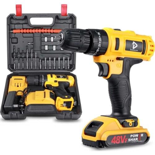 DOERSUPP 21V Electric Impact Drill Cordless Screwdriver Power Tools for Drilling Steel Wood Ceramic with 2 Battery Drill Bit Set