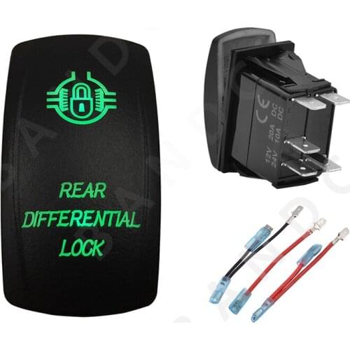 REAR DIFFERENTIAL LOCK 5P ON-OFF SPST Green LED Light Laser-Etched Rocker Switch for Car Boat ARB RV Bus Truck Van，Jumper Wire