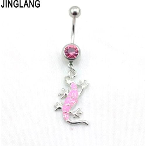 JINGLANG Belly Button Rings 316L Stainless Steel Barbell Dangle Rhinestone Gecko Navel Piercing Jewelry
