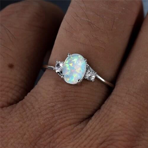 White Fire Opal Small Crystal Ring Dainty Oval Stone Engagement Ring Charm Silver Color Thin Wedding Rings For Women Bridal Gift