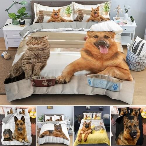 German Shepherd With Cat Duvet Cover Single Queen King Animal Luxury Cute Dog Bedding Set For Kids Adult EU/AU/US Size Bedcloth