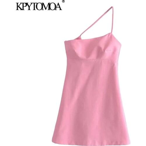 KPYTOMOA Women 2021 Chic Fashion Soft Touch Asymmetric Mini Dress Vintage Backless Zipper Thin Straps Female Dresses Vestidos