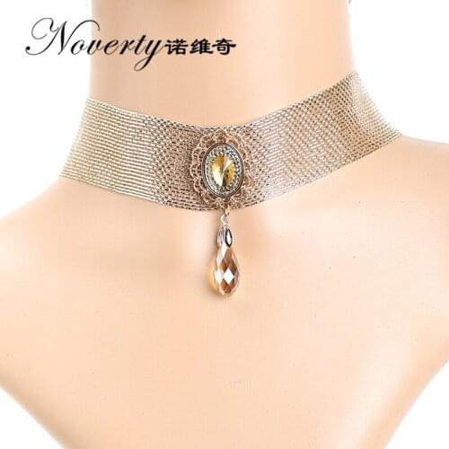 Fashion Handmade Sparkling Diamante Crystal Pendant Gold Knitted Rope Choker Necklaces For Women Date And Party FY-090