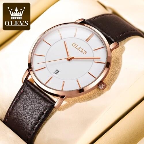 OLEVS Leather Simple Casual Mens Watch Sports Business Date Quartz Mens Formal Watch Waterproof Mens Clock Montre Homme 5869