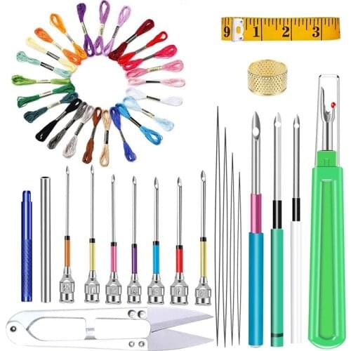 LMDZ Punch Needle Tool Kit 24 Rainbow Color Embroidery Thread 10 Pcs Embroidery Punch Needles Soft Tape Measure Yarn Scissors