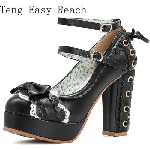 New 2021 Big Size 43 Platform High Heels Bow Knot Edge Lace Gothic Lolita Women Shoes Buckle Strap Mary Janes Party Pumps