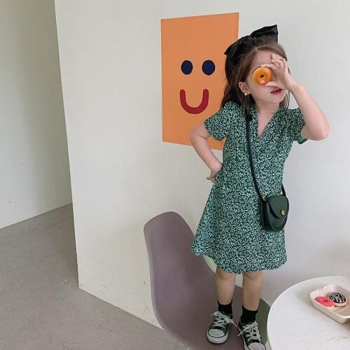 Girls V-neck Princess Dresses Summer Fashion Baby Floral Dress Kids Princess Vintage Vestidos Children Button Fly Casual Clothes