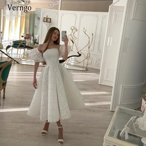 Verngo 2021 New Design Full Lace Wedding Dress Short Puff Sleeves Strapless Tea Length Civil Wedding Bride Gowns For Reception