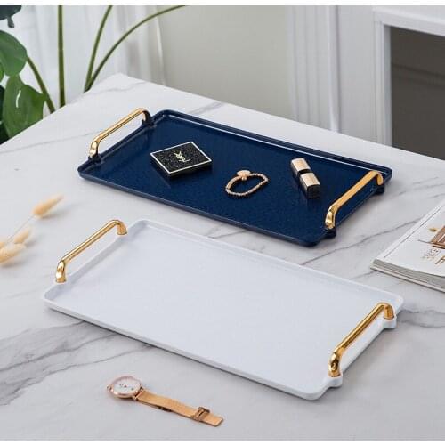 ABS Tea Set Tray Bathroom Cosmetic Shelf Fruit/ Pastry Plate Rectangle Creative Storage Organization Wedding Gifts Gold Handle