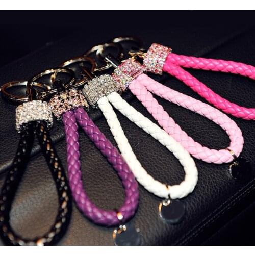 Rhinestone Diamond Car Key Chain For Motorcycles Cars Key Fobs Knit Leather Rope Key Ring Leather Car Keyring Men and Women