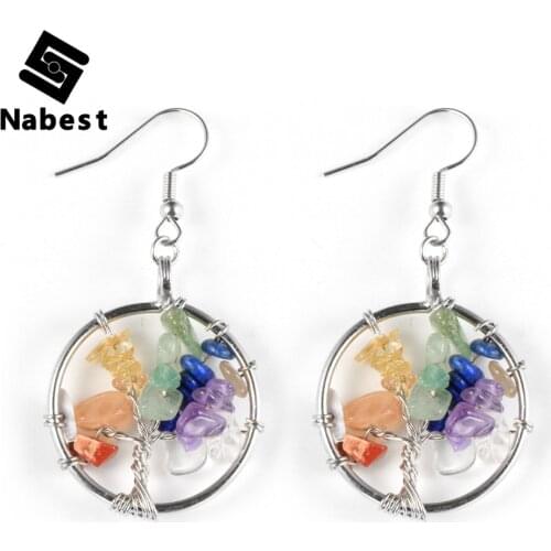 Women Natural Stone 7 Chakras Pendant Earrings Amethysts Tiger Eye Labradorite Wire Wrap Tree of Life Dangled Healing Jewelry