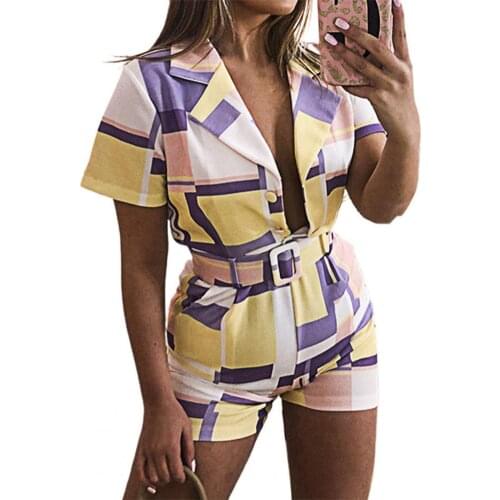 Sexy Women Short Sleeve Turn Down Collar Pocket Plaid Printed Romper Womens Clubwear Casual Fashion Playsuit Summer Romper