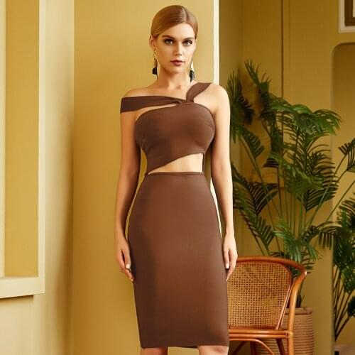 Seamyla 2021 Summer Women Hollow Out Sleeveless Bodycon Bandage Dress Sexy Knee Length Khaki Club Celebrity Runway Party Dresses