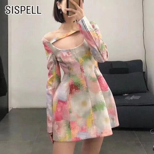 SISPELL Print Hit Color Dresses For Girls Off Shoulder Square Collar Long Sleeve Backlesss High Waist Ruched Womens Dress 2020