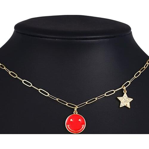 ZHINI Punk Geometric Round Smiley Face Pendant Necklaces for Women Luxury Charming Zircon Crystal Long Necklace Jewelry collares