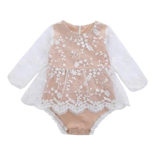 2020 Sweet Newborn Baby Girl Khaki lace flower embroidery Long Sleeve Romper Ruffles Sunsuit Jumpsuit Outfits Clothes 0-24M