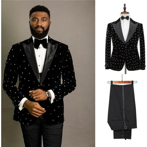 2020 Pearl Beading Wedding Tuxedos Peaked Lapel One Button Mens Designer Jacket Formal Party Prom Wear (Jacket+Pants)