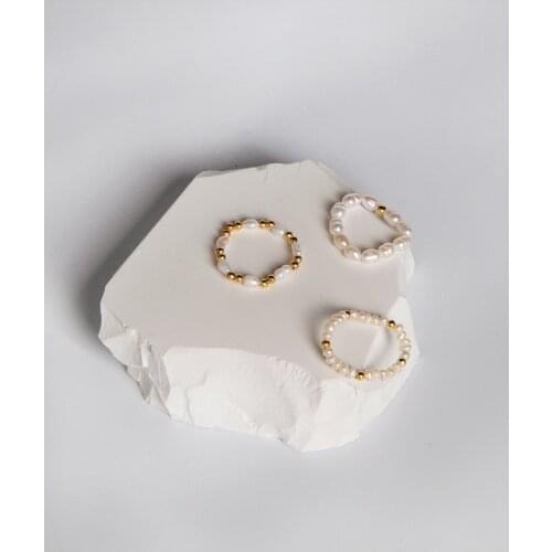 2021 Geometric Freshwater Pearl Metal Beaded Rings Freshwater Beads Elastic Ring For Women Girl Trendy Jewelry Gift
