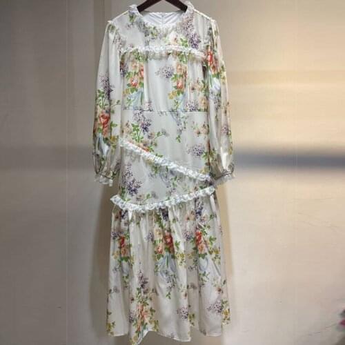 Fashion Designer 2021 Autumn Dress Women Flowers Printed Lace Long Sleeve Vintage Elegant Holiday Dresses