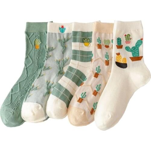 5 Pairs Cartoon Embroidery Cute Socks Women Pack Winter Cactus Cotton Socks Set Breathable Skin-Friendly Soft Japanese Style