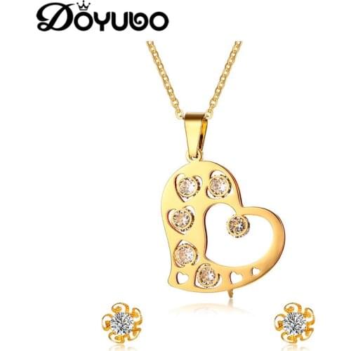 DOYUBO New Arrival Gold Color Stainless Steel Jewelry Sets For Women Heart Pendant Necklace&Flower Earrings Lady Jewelry DG019