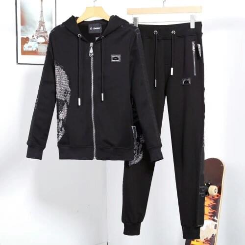 Italy Brand PP Skull Men Cotton 2-Piece Hooded Sweatshirt And Pants Sportswear Set Zip Plein Hoodie Clothes Trajes de hombre