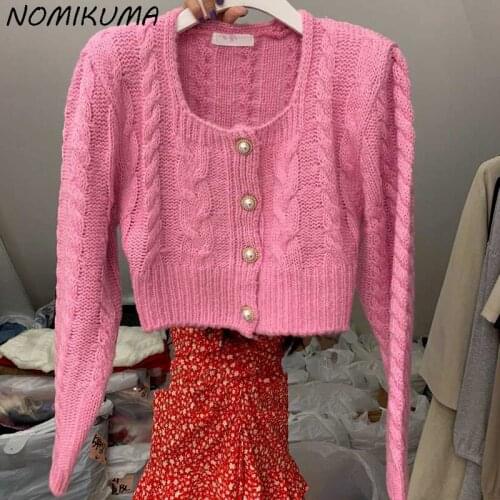 Nomikuma 2021 Autumn Square Collar Knitted Coat Korean Elegant Short Single Breasted Cardigan Fashion Long Sleeve Sweater 6Z877