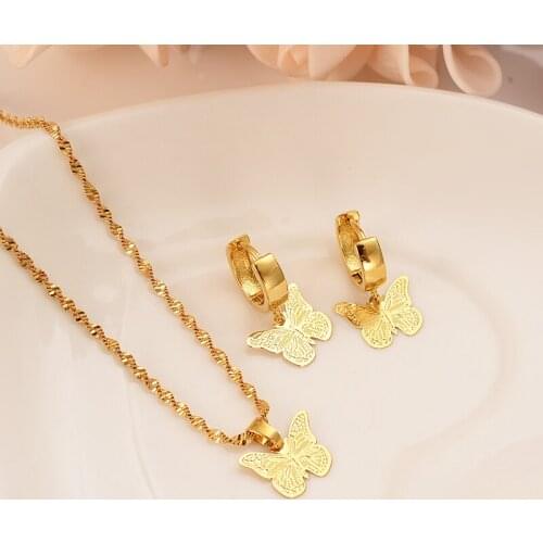 Dubai India Africa gold lovely butterfly gold plated set fashionable girl bride engagement wedding earrings necklace gift