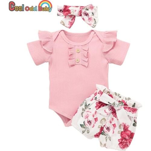 3Pcs Baby Girl Summer Clothes Set Floral Pattern Shorts Pink Bodysuit Tops Romper Headband Cute Newborn Infant Clothing Outfits