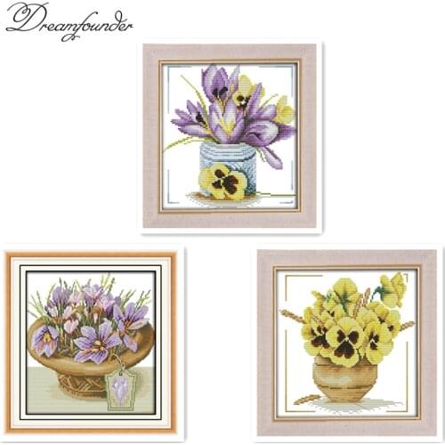 Small pot crocus cross stitch kit aida 14ct 11ct count print canvas stitches embroidery DIY handmade needlework