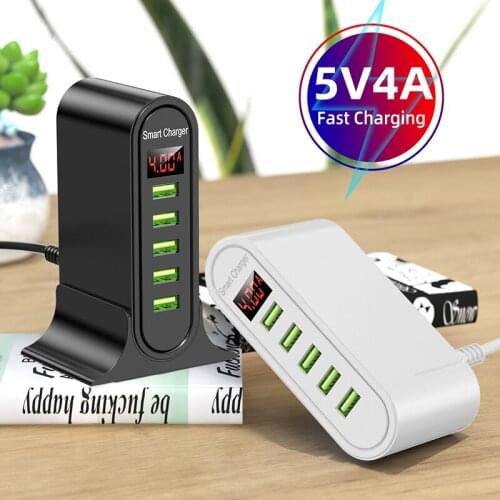 5 Ports USB Desktop Charger Multi USB Charging Station Dock Desktop Wall Home LED Tower Rapid Charging Station EU Power Adapter