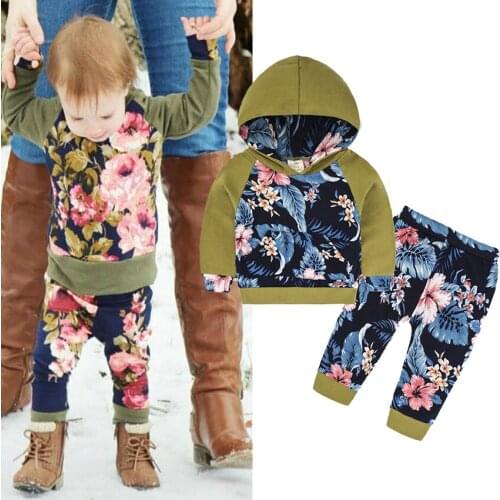2021 Autumn Winter Newborn Baby Girls Clothes Casual Hooded Tops + Floral Pants 2PCS Infant Suit Sets Sportswear Overall Set