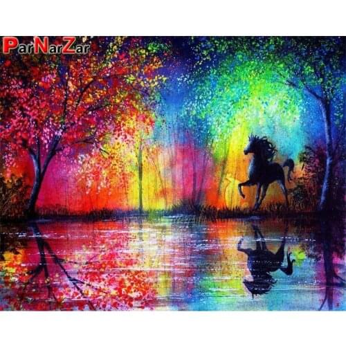 ParNarZar DIY 5D Diamond Painting Point Of Cross Embroidery Full Drill Kits Room Decoration Wall Sticker,Horse And Colorful Tree