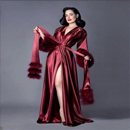 Real Image Women Fur Night Gown Pajama Silk Red Bathrobe Bride Sleepwear Ruffles Soft Robes Custom Made Pregnant Dress
